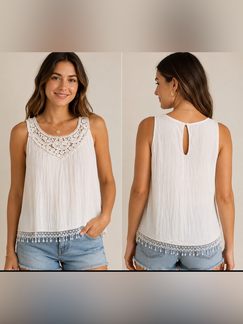 Via Signoria White Boho Crochet Lace Tank Top Small Italy Crinkle.